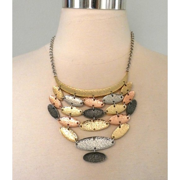 Modernist Necklace Mixed Metal Hammered Disk Bib Link Signed Erica Lyons - Picture 1 of 5